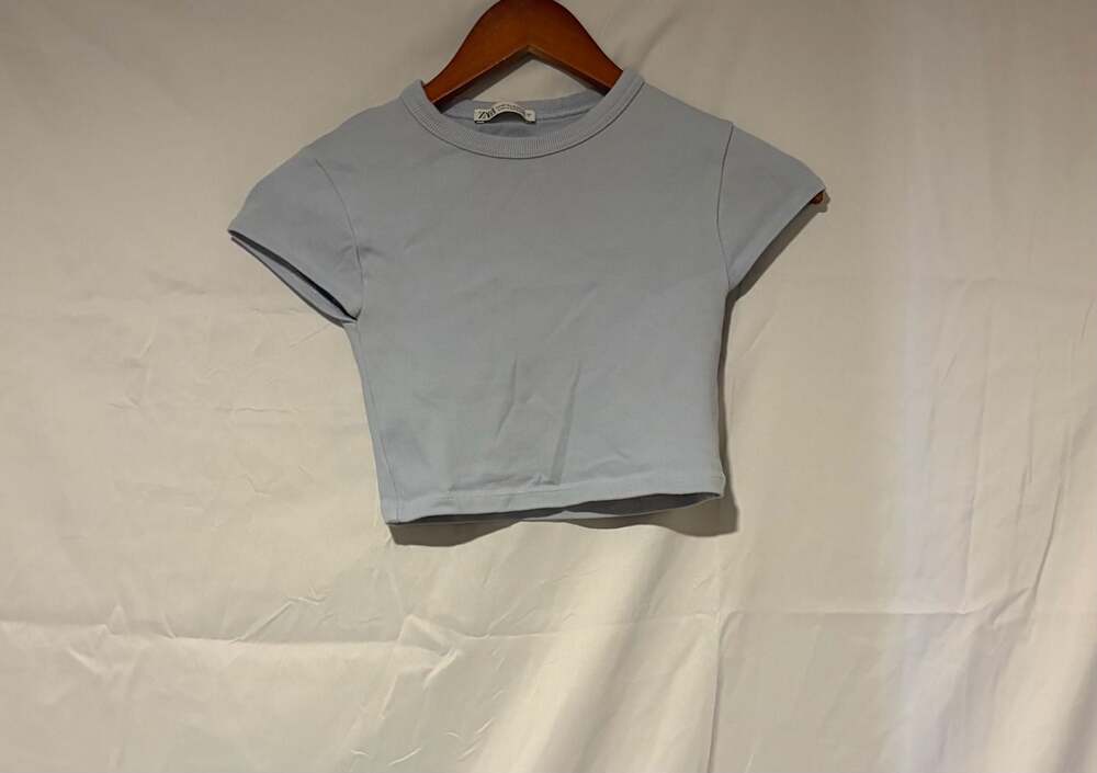 ZARA Ribbed Crop Top Short Sleeve Round Neck Light Blue Women's Top